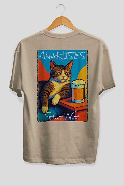 Ankhises For the Love of Cats 62 Cats Printed Beige Oversize T-Shirt 100% Cot...