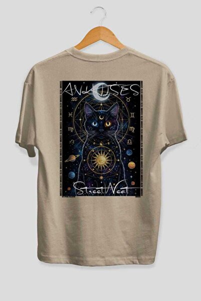 Ankhises For the Love of Cats 69 Cat Printed Beige Oversize T-Shirt 100% Cott...