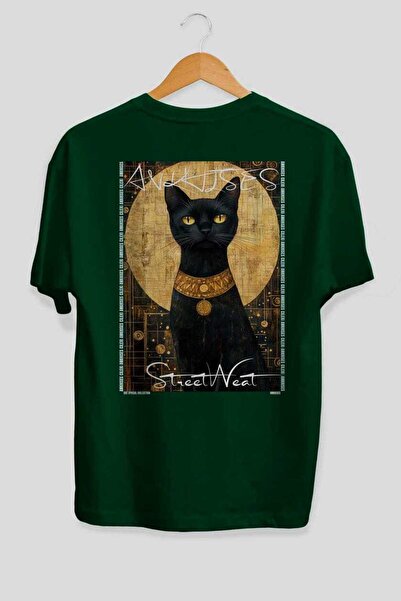 Ankhises 75 Cats for Cat Lovers Printed Green Oversize T-Shirt 100% Cotton Un...