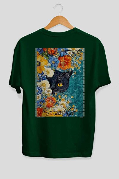 Ankhises For the Love of Cats 103 Cat Printed Green Oversize T-Shirt 100% Cot...