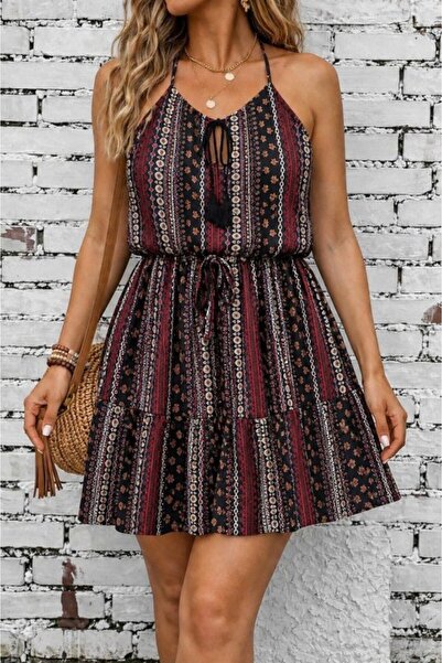 Wear Up Rochie de damă din jerseu scurt, cu bretele din șnur, decolteu în V ș...
