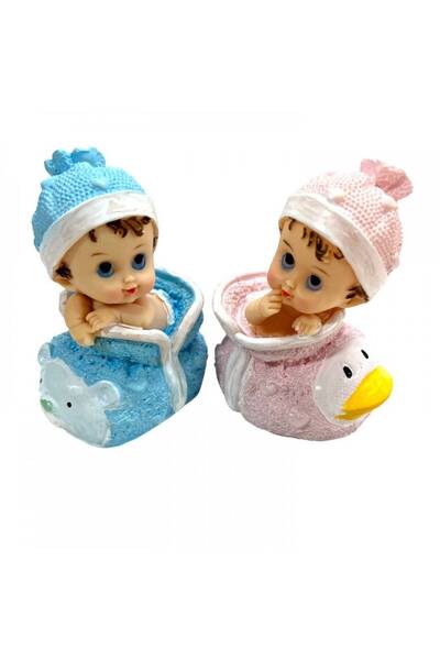 OEM Figurina Tort Botez Bebe In Cos Cu Ratusca Sau Ursulet Blue