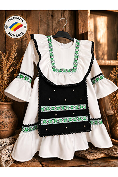 OEM Traditional White Dress, Green Floral Patterned Ribbed Band, Cotton Lace,...