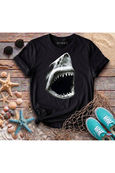 ScubaPromoTurkey Big White Shark Visually Printed Black Cotton T-Shirt