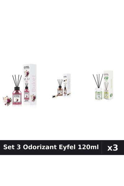 Eyfel Set 3 Odorizante Camera Betisoare, Bouquet, Iasomie, Vanilie, 120 ml