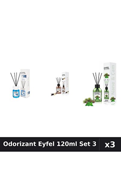 Eyfel Set 3 Odorizant Camera cu Bețișoare 120ml - Cool Water, Vanilie, Pin Mentă
