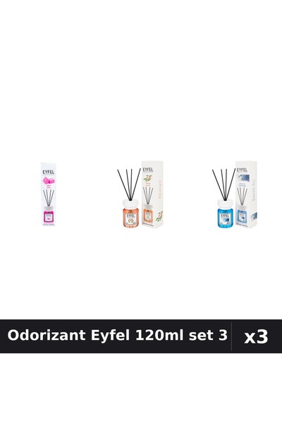 Eyfel Set 3 Odorizant Cameră Betișoare 120ml - Bubble Gum, Acacia, Cool Water