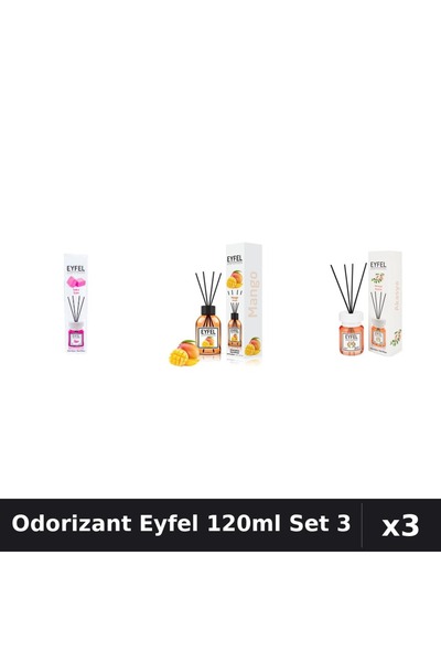 Eyfel Set 3 Odorizant Cameră Betișoare 120ml - Bubble Gum, Mango, Acacia