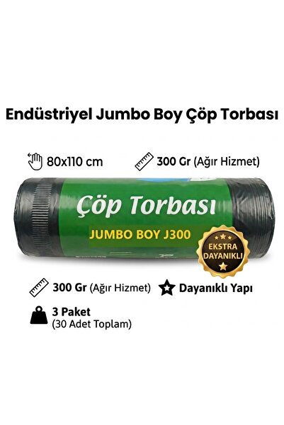 günfleks Endüstriyel Jumbo Boy Çöp Torbası – 80x110 cm, 300 Gr, 3 Paket (Toplam 30 Adet), Dayanıklı