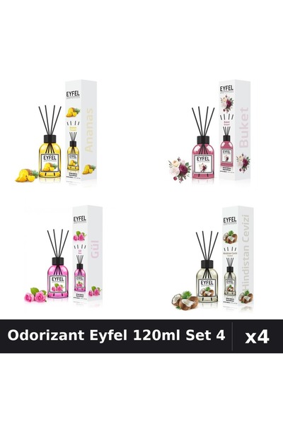 Eyfel Set 4 Odorizant Cameră Betișoare 120ml - Ananas, Bouquet, Trandafir, Nu...
