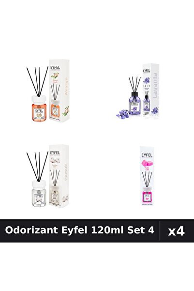 Eyfel Set 4 Odorizant Cameră Betișoare 120ml - Acacia, Lavandă, Bumbac, Bubbl...