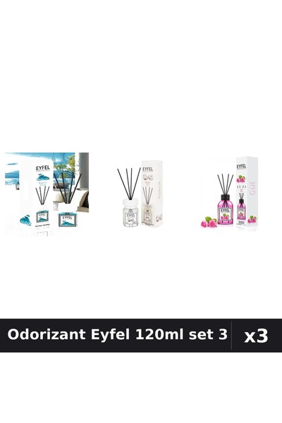 Eyfel Top Bottom Set of 3 Room Air Freshener Sticks 120ml - Ocean, Cotton, Rose