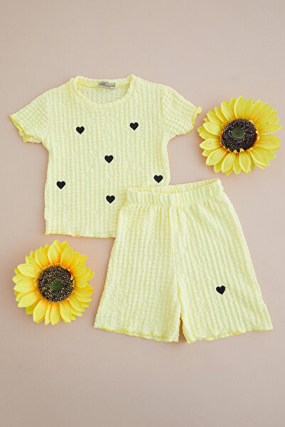 Fulla Moda Girl's 2-Piece Set with Heart Embroidered Textured Shorts