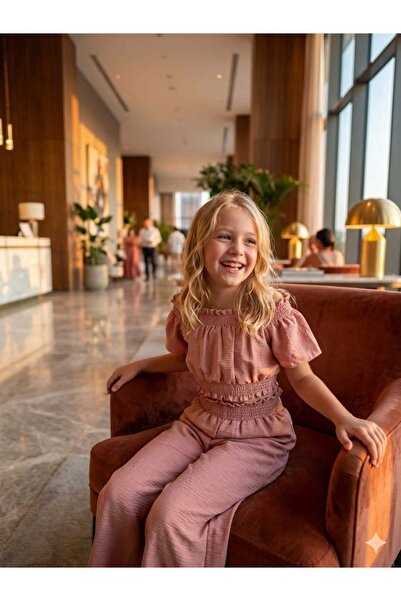 Hilal Akıncı Kids طقم بناتي مكون من قطعتين: بلوزة بخصر وأكمام مطاطية وبنطلون