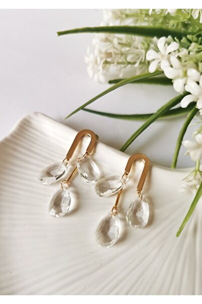 Halley Concept Crystal Drop Stone Steel Dangle Earrings 1.5X4.5 cm