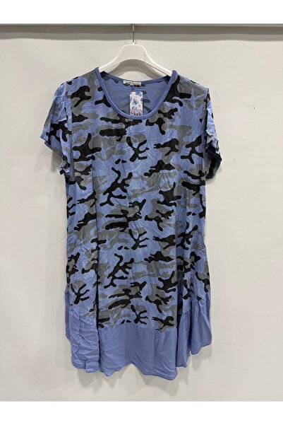 della moor Blue Italian Camouflage Pattern Short Sleeve Midi Length Viscose D...