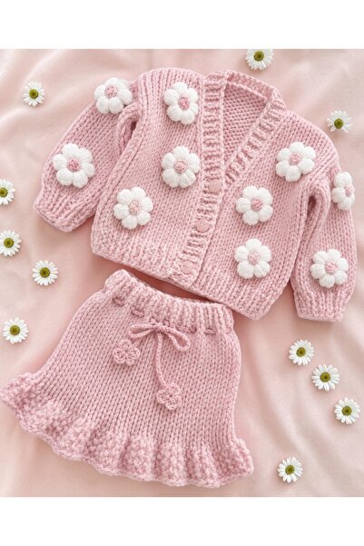 Barzey crafts EL örgüsü Bebek / çocuk papatyalı ikili takım / hırka etek mode...