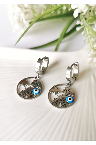 Halley Concept Nazar Aura Leaf Patterned Steel Dangle Earrings 1.5X3 cm
