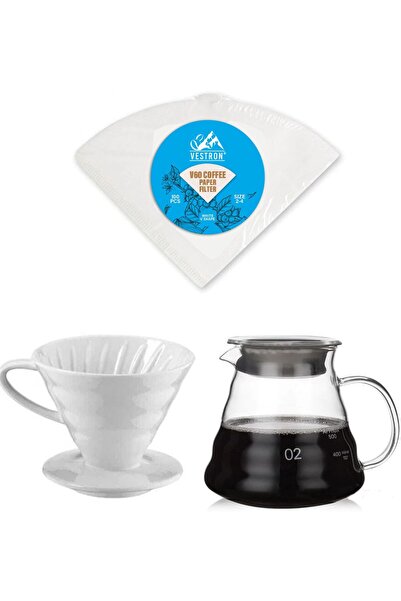 VESTRON Kahve Demleme Tanışma Seti V60 Seramik|Cam Sürahi|V60 Kağıt|3lu Set