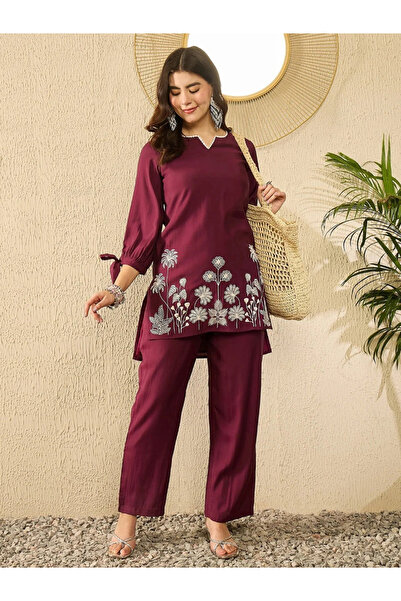 DESIQLO By Styli Burgundy Embroidered Longline Top and Pants Co-ord Set