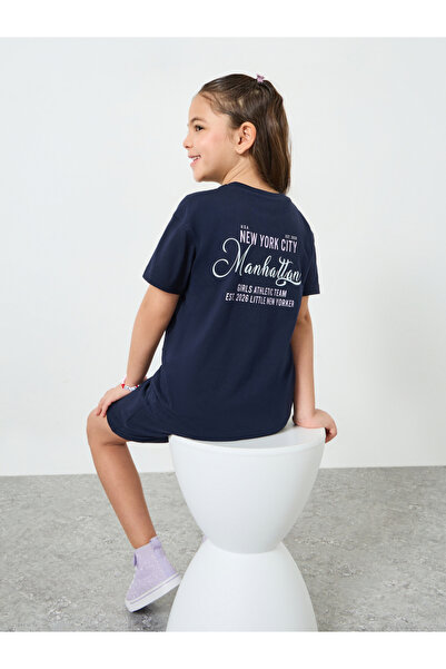 Styli Girls Navy Blue Slogan Print T-Shirt and Shorts Set