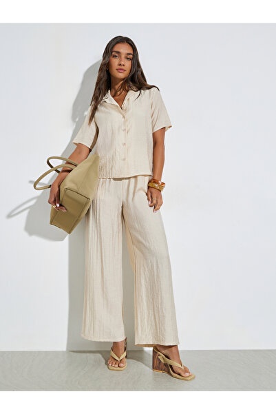 Styli Beige Linen-Look Shirt and Wide Leg Pants Co-Ords