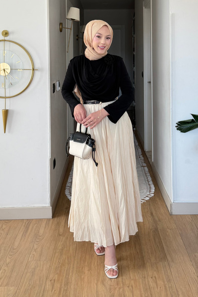 Tesettür Diyarı Kayle Kraş Lined Hijab Skirt - Cream Standard Size (36-46 Com...