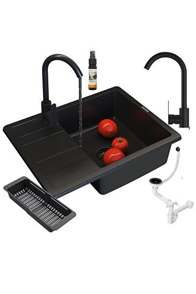 Granitan Chiuveta Granit PAROS Neagra, 58x44cm, set cu baterie PRESTIGE si sifon