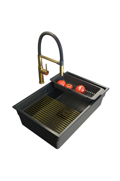 Granitan Granite sink EPIR 70 Black Gold 70x47 cm, Top Bottom Set with SORIA ...