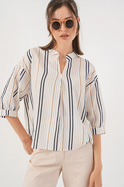 Merterium Women's Striped Oversize Blouse 1447 - Beige