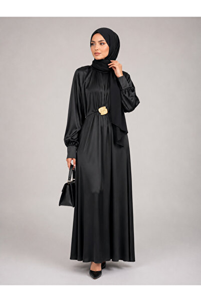 Trendline Women's Black Satin Hijab Long Evening Dress with Accessories