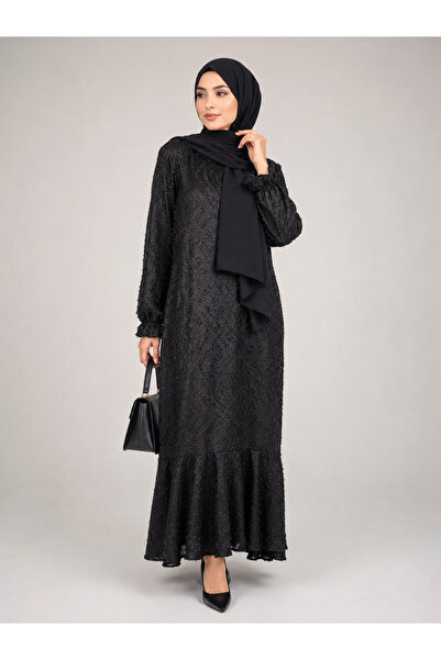 Trendline Women's Black Jacquard Fabric Glitter Evening Dress, Hijab Dress