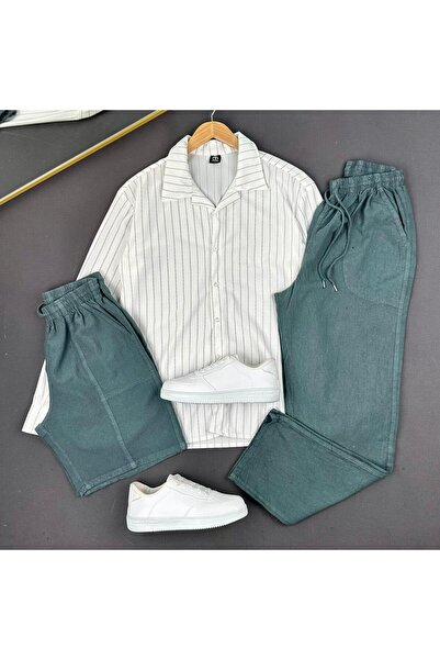 THEGENTMAN Striped Crepe Shirt Linen Shorts Linen Baggy Pants 3-Piece Set