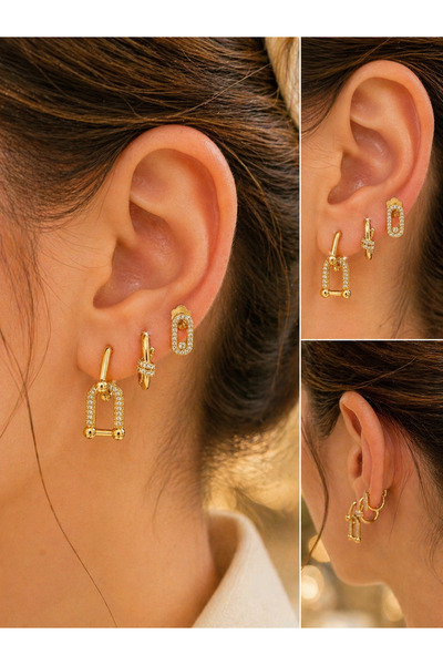 LooRen Butik 3-Piece Gold Women's Earring Set |   Stylish and Combinable Eleg...
