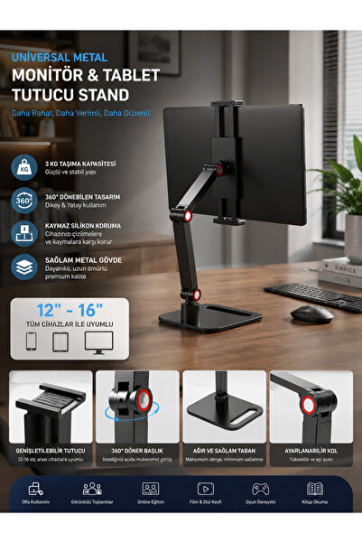 KENLY Monitor Tablet iPad Phone Holder 12-16 Inch Universal Metal 360 °   Dön...