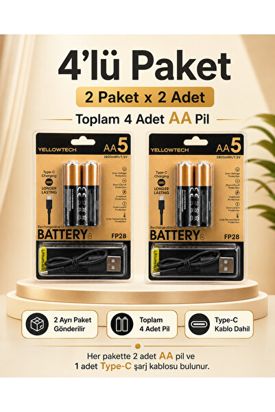 Yellowtech 4’lü AA Kalın Tip Kalem Pil Şarj Edilebilir 2800mWh 1.5V Type-C Şarjlı 2 Paket x 2 Adet