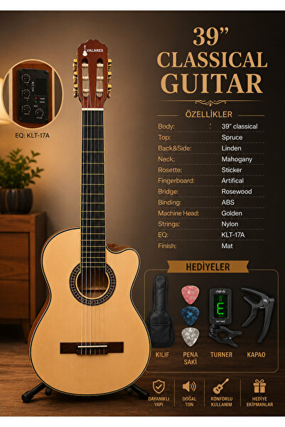 valares Profesyonel Seri QCG2305 39” Elektro Mat Klasik Gitar KLT-17A EQ Full...
