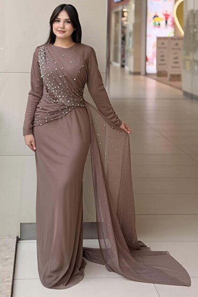 Mahal Fashion Night Drapeli Stone Embroidered Tulle Evening Dress