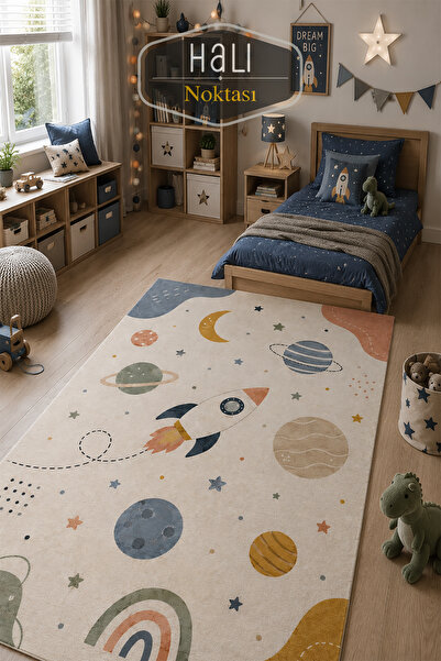 Halı Noktası Little Astronaut Roket ve Gezegenler Temalı Dijital Baskı Çocuk ...