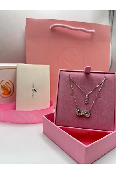 Generic Rose Gold Beige Gold Double Heart Interlocking Necklace with Pink Zircon