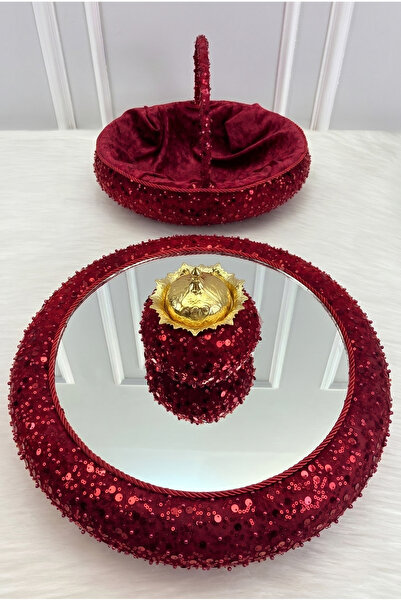 ZEYMERADE Burgundy Henna Night Tray Basket Bridal Set, Sparkling Sequin Mirro...