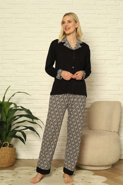 ALİMER Women's Pajama Set - Black Front Buttoned Long Sleeve Lycra 2904Uy