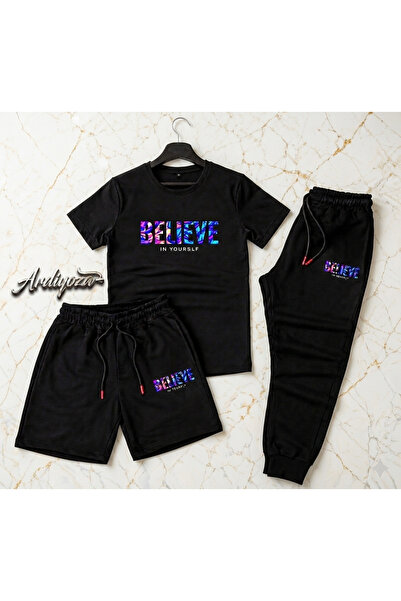 SILATU طقم مطبوع من BELIEVE مكون من 3 قطع (شورت-تي شيرت-بنطلون رياضي)