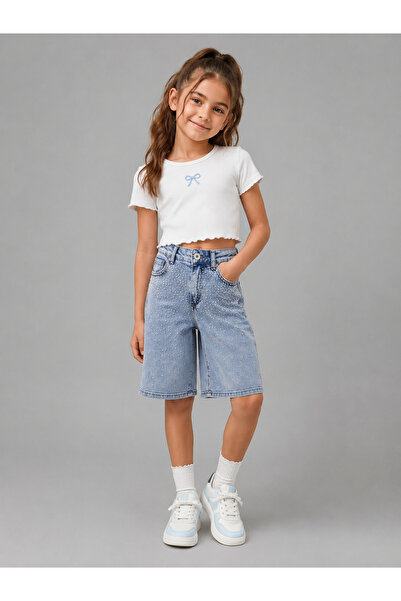 Esprix Kids Kız Çocuk Taş İşlemeli Denim Bermuda Şort Rahat Kalıp Jean Kapri ...