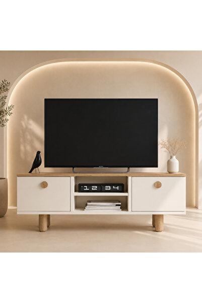 TESSA MOBİLYA Bohem Tv Sehpası Beyaz 50'' Tv Uyumlu Bohem Ayaklı Geniş Depola...