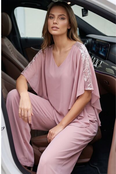 Maya Butik Pudra Omuzları Payet Detaylı V Yaka Şifon Bluz - 21911