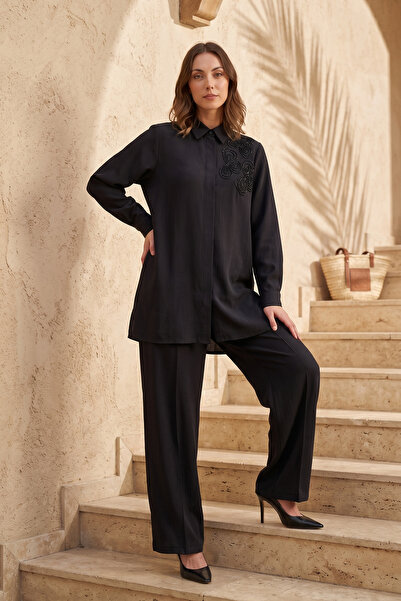 Nuss Beaded Embroidered Shirt Trousers Set 1070 Black