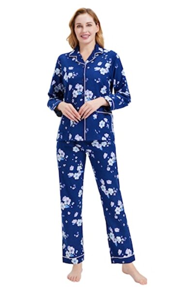 Global Set pijama damă Finet, Bumbac 100%, Model floral albastru azur, S INTL...