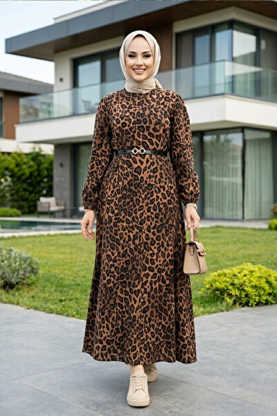 Hb Harma Time Butik Ženska haljina od modalne tkanine sa pojasom i leopard pr...