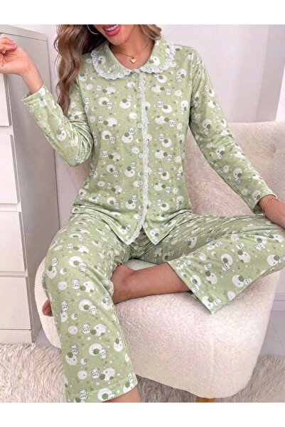 BIT1 Bet1 Women's 2-Piece Pajama Set Cute Cat and Floral Print Shirt and Pants